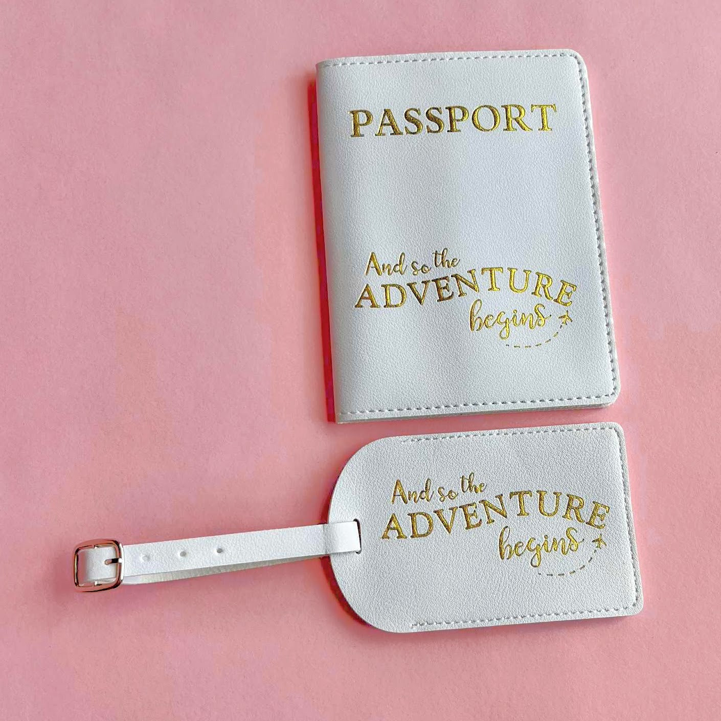 Matching Bride and Wifey passport covers with coordinating luggage tags – stylish travel accessories for brides, wives, honeymoons, and destination weddings.