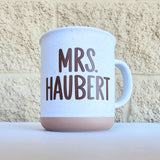 Personalized bride and wife ceramic speckled mug – cozy fall coffee cup gift perfect for brides, wives, and newlyweds.