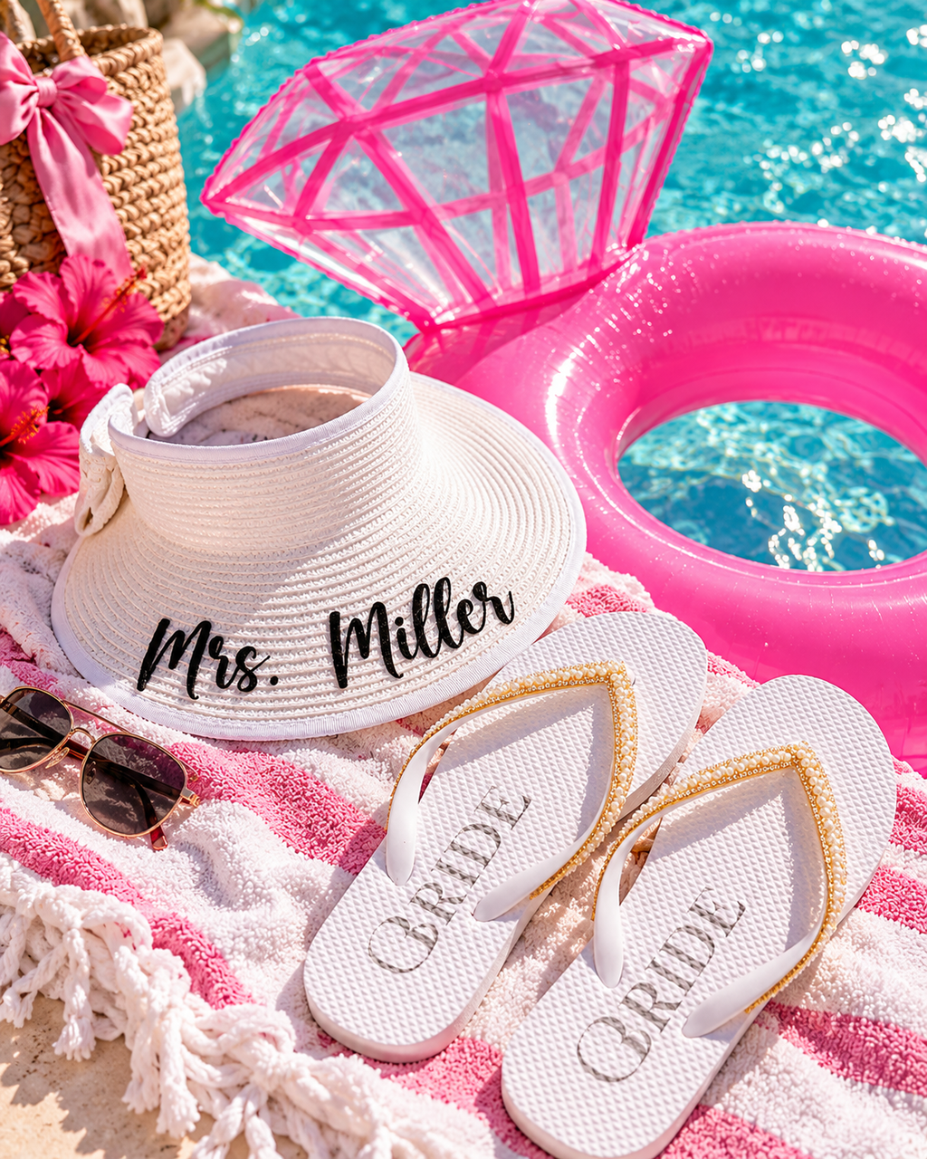 Bach Bundle – Bachelorette Party Pool Float, Personalized Bride Sun Hat & Bridal Flip Flops