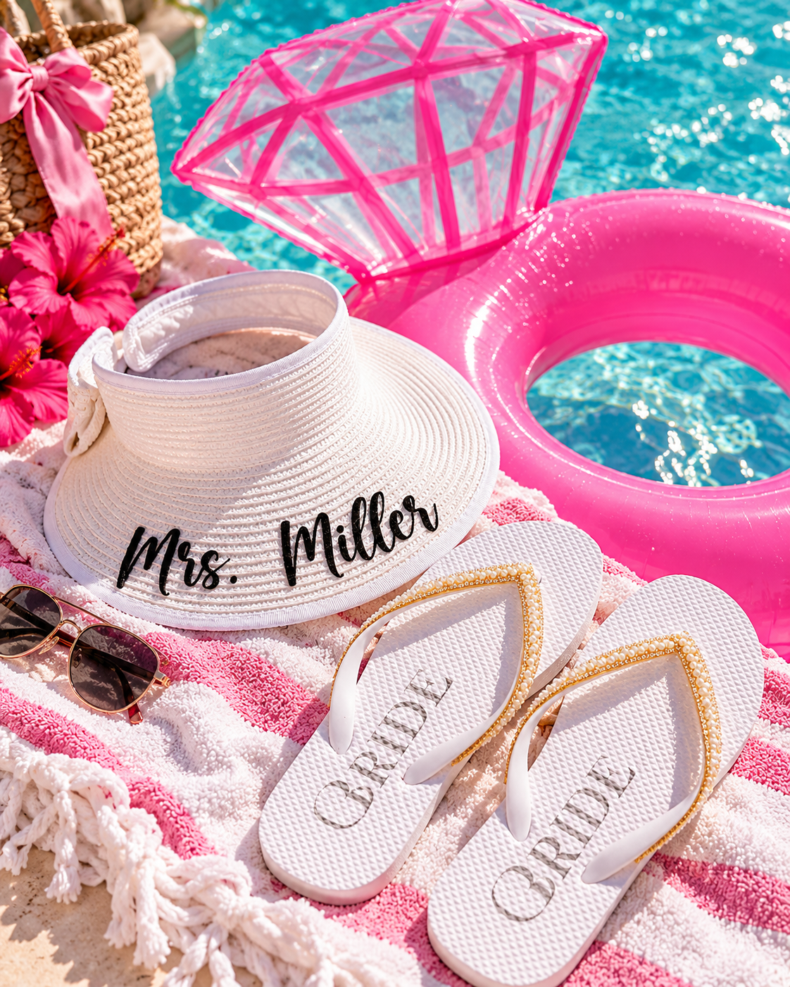 Bach Bundle – Bachelorette Party Pool Float, Personalized Bride Sun Hat & Bridal Flip Flops