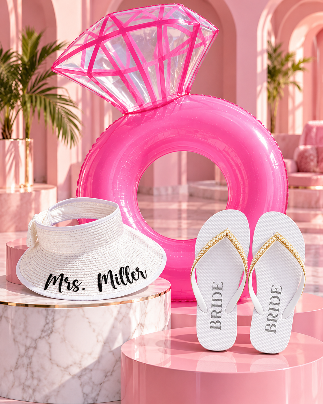 Bach Bundle – Bachelorette Party Pool Float, Personalized Bride Sun Hat & Bridal Flip Flops