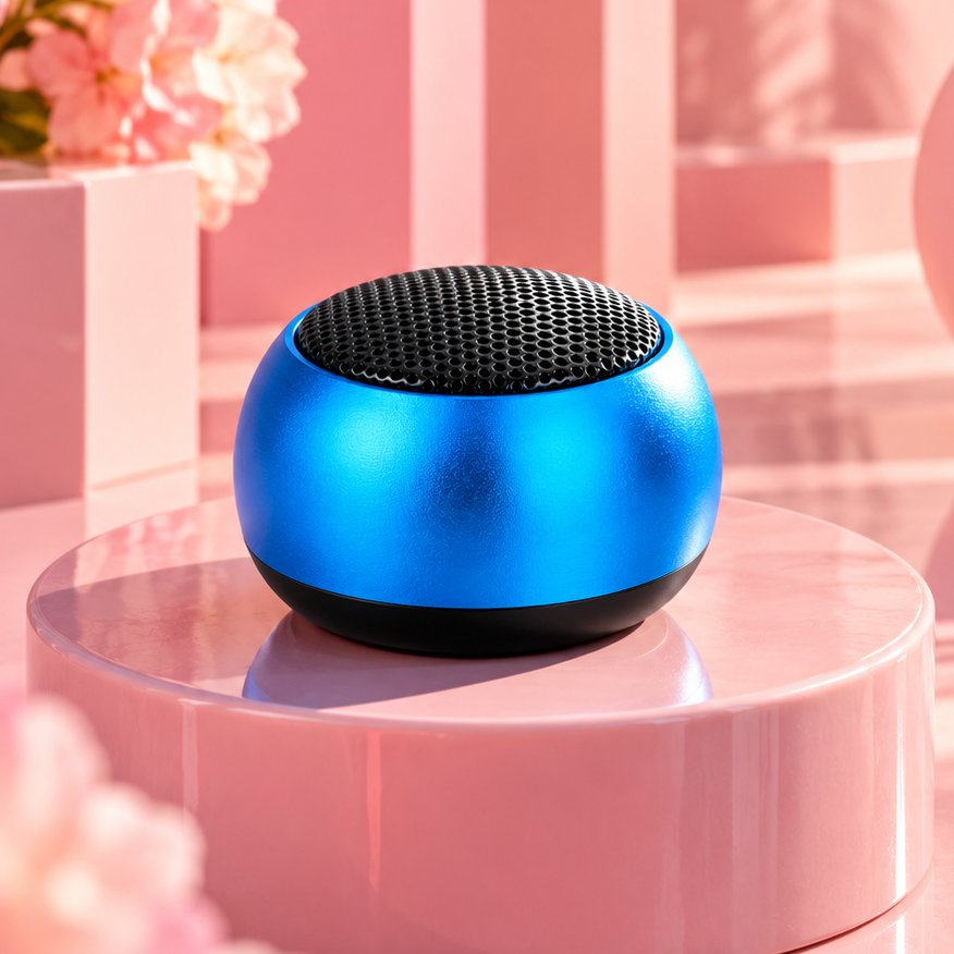 A small spherical blue portable speaker with a black mesh top sits on a round pink pedestal in a stylized pink studio setting with flowers and arches in the background.