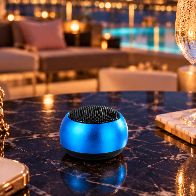 A small, round, metallic blue portable speaker with a black mesh top sits on a dark marble table in a luxurious outdoor bar setting with a city skyline at dusk in the background.
