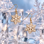 A pair of gold-tone snowflake dangle earrings displayed on clear ice blocks with a snowy, icy blue background.
