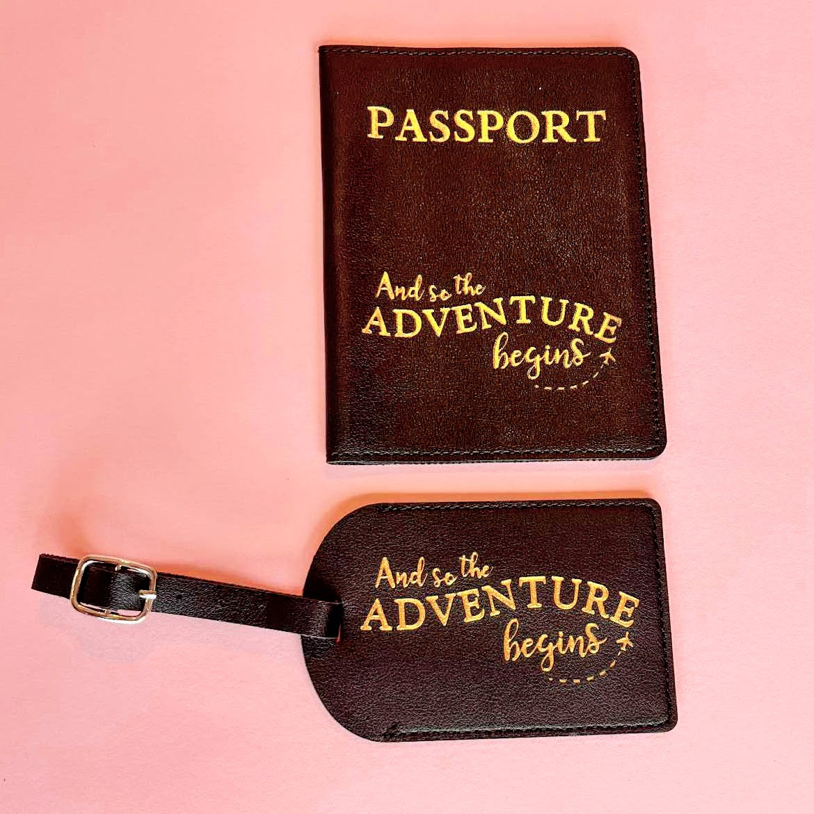 Matching Bride and Wifey passport covers with coordinating luggage tags – stylish travel accessories for brides, wives, honeymoons, and destination weddings.