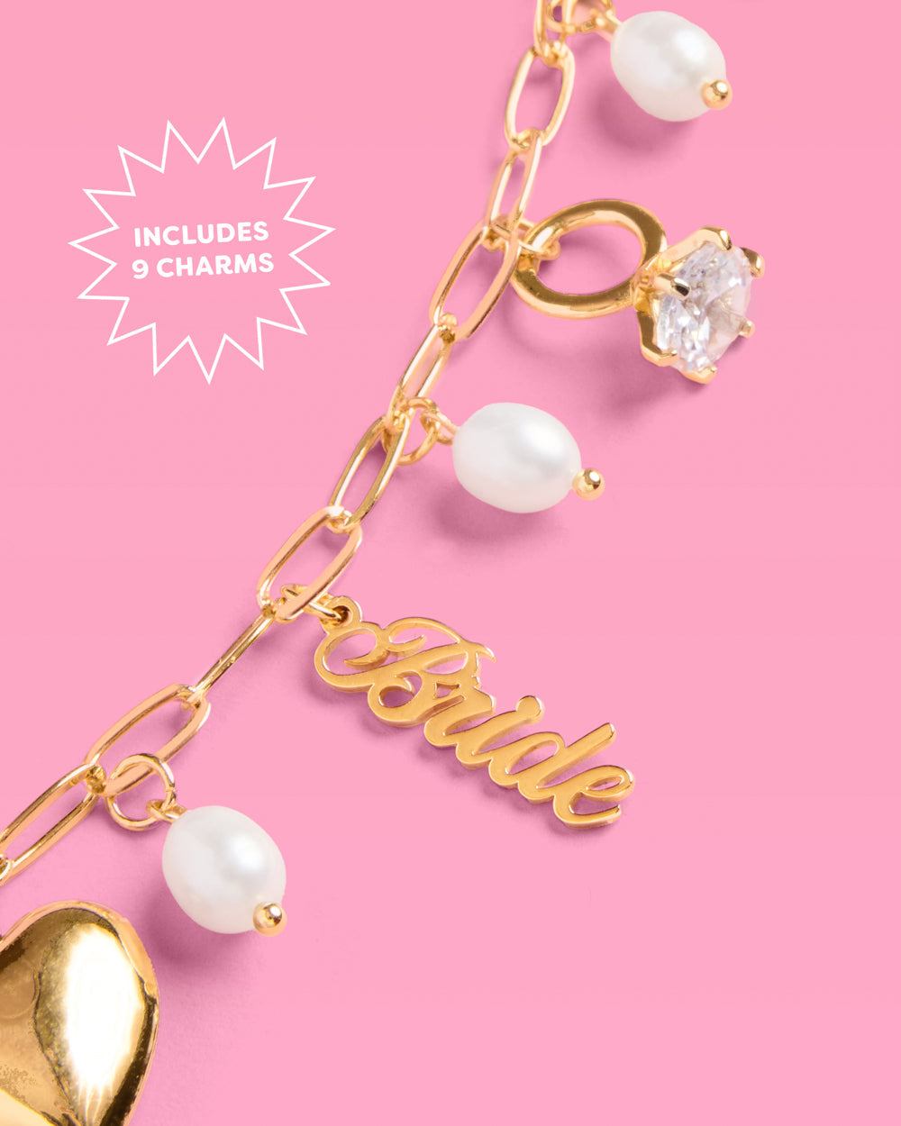 Bride Charm Necklace - gold, rhinestones + pearls