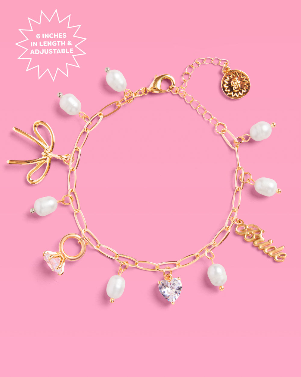 Bride Charm Bracelet - gold, rhinestones + pearls
