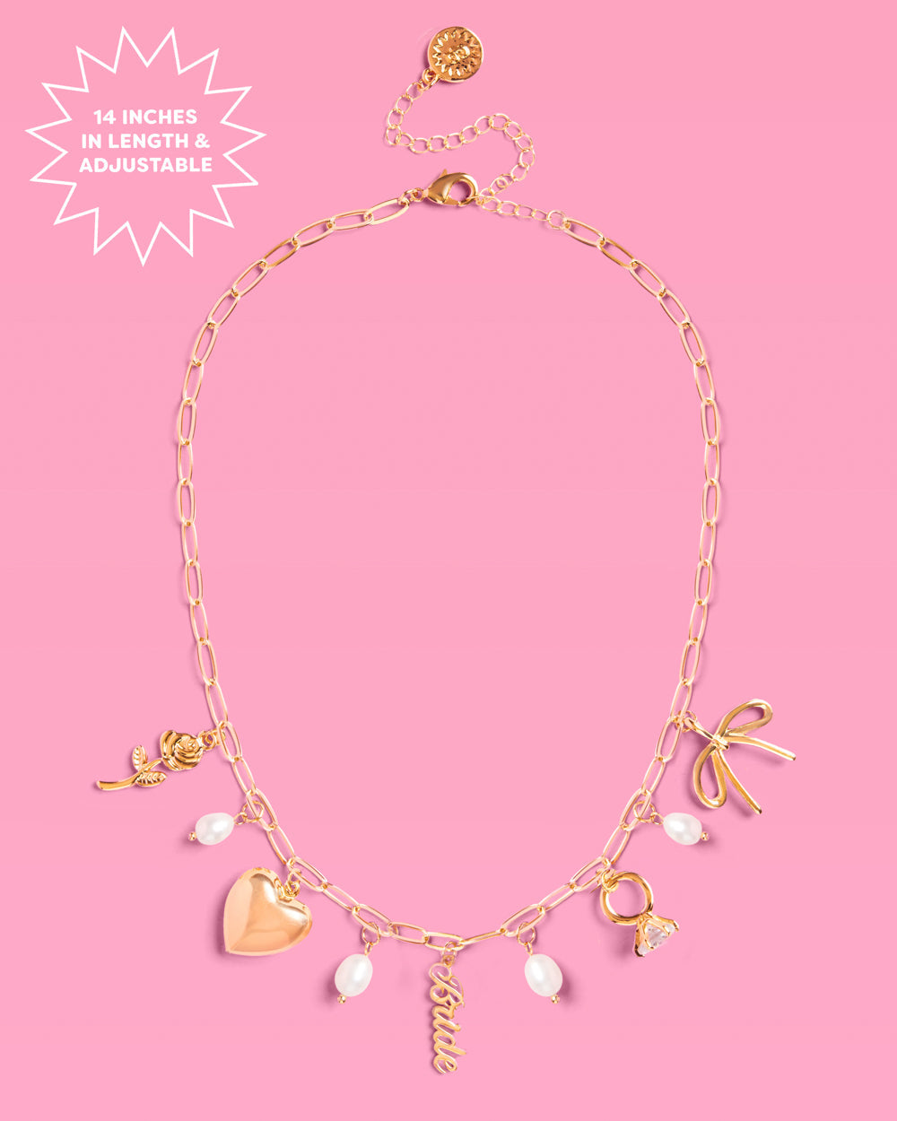 Bride Charm Necklace - gold, rhinestones + pearls