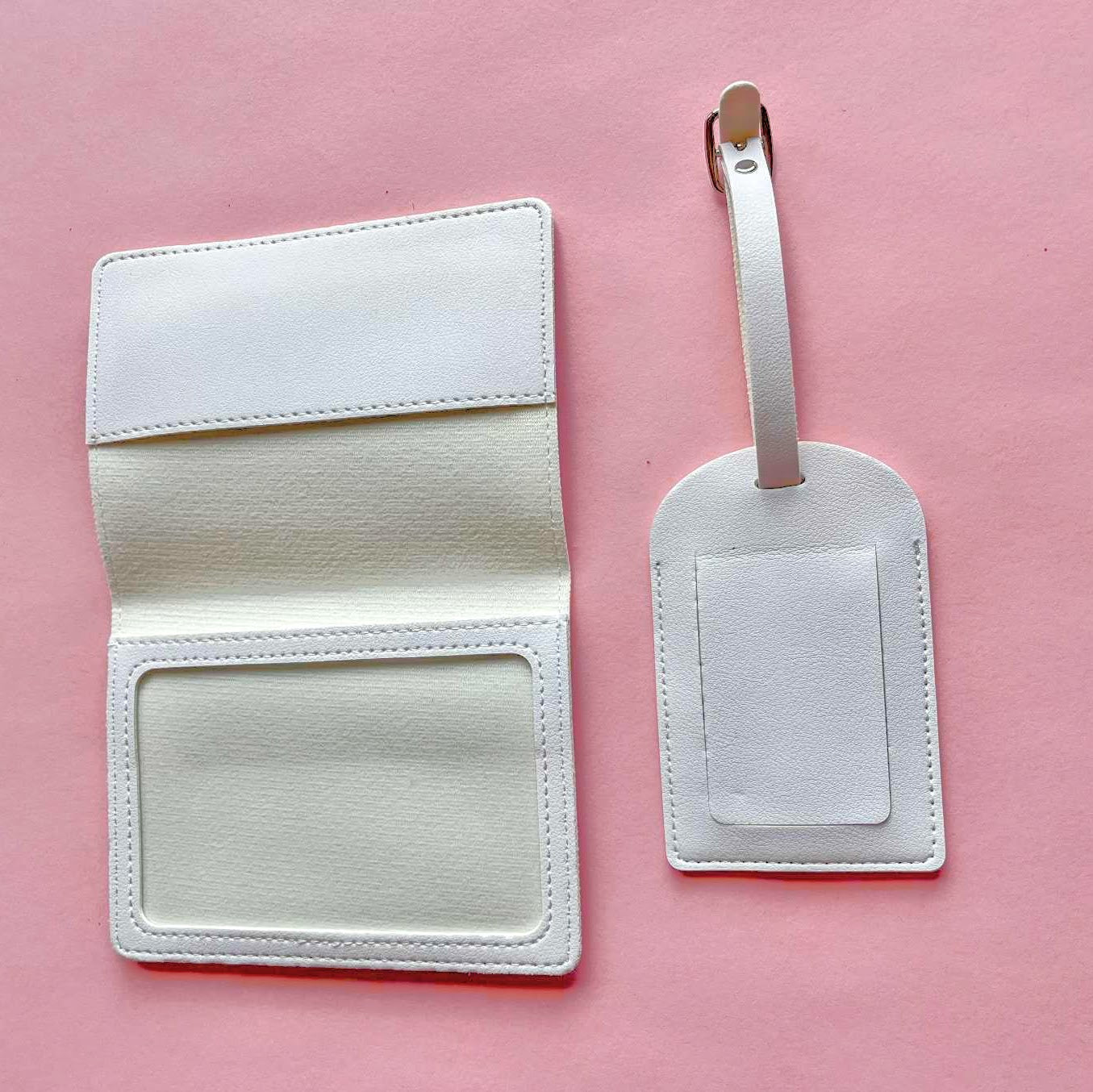 Matching Bride and Wifey passport covers with coordinating luggage tags – stylish travel accessories for brides, wives, honeymoons, and destination weddings.