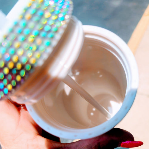 16oz white tumbler with rhinestone exterior and bold “BRIDE” lettering, featuring a clear lid and straw—perfect for weddings, bachelorettes, and brides-to-be.
