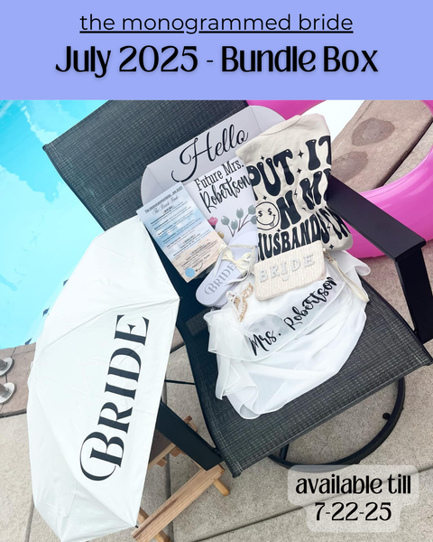Bridal bundle box with personalized items on a chair by a pool, featuring 'the monogrammed bride' branding.