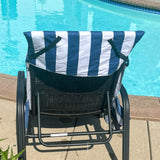 Navy and white striped lounge chair towel cover with side pockets, displayed poolside—perfect for brides and wives on honeymoon or summer getaways.