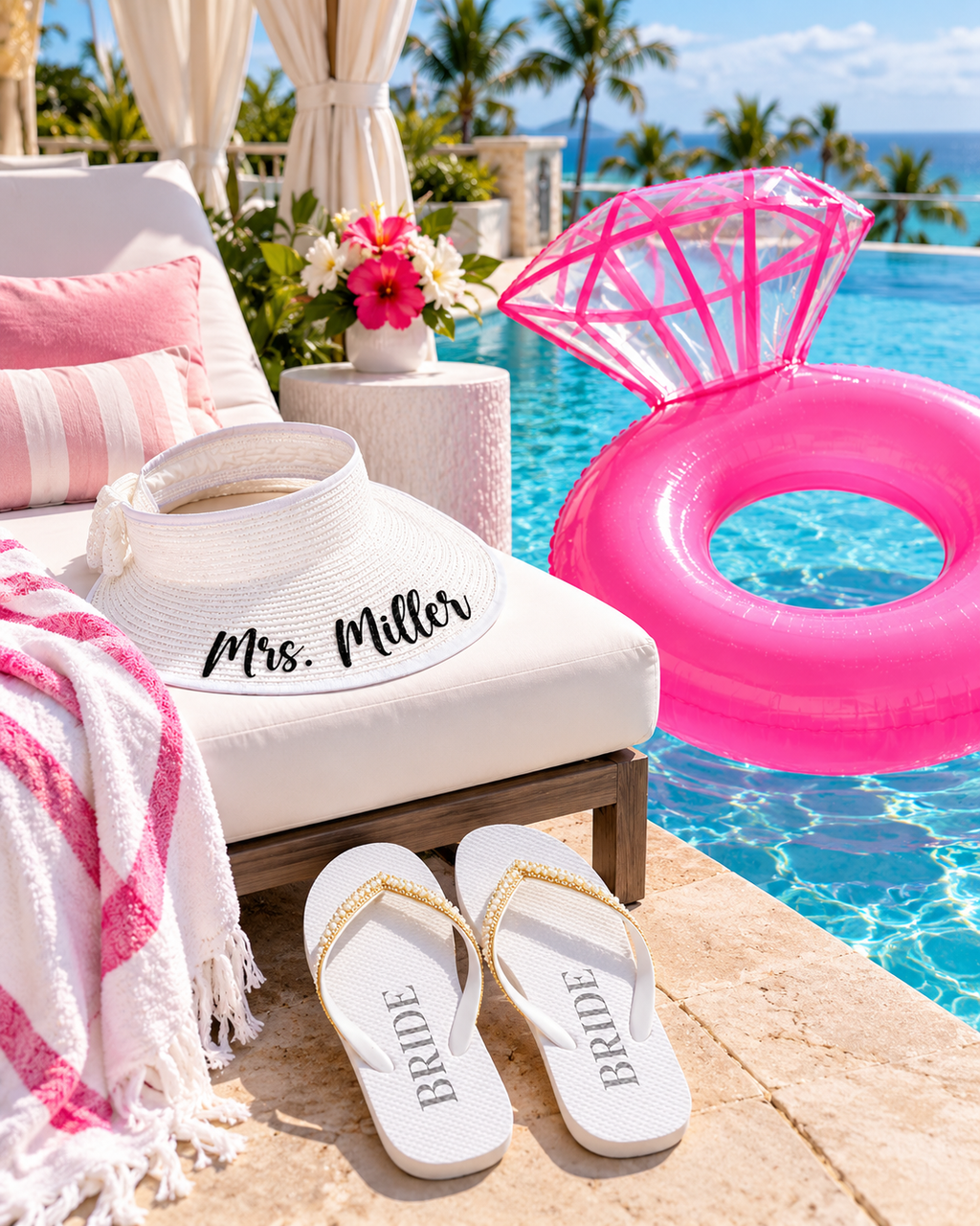 Bach Bundle – Bachelorette Party Pool Float, Personalized Bride Sun Hat & Bridal Flip Flops