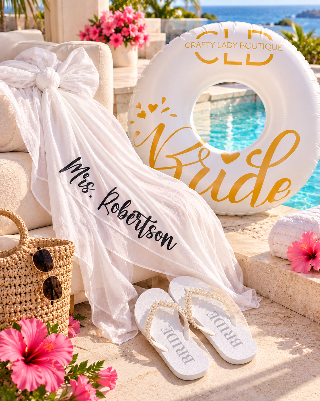 Beach Bride Bundle – Personalized Bridal Sarong, Bride Pool Float & Pearl Flip Flops | Bachelorette & Honeymoon Gift Set