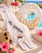 Beach Bride Bundle – Personalized Bridal Sarong, Bride Pool Float & Pearl Flip Flops | Bachelorette & Honeymoon Gift Set