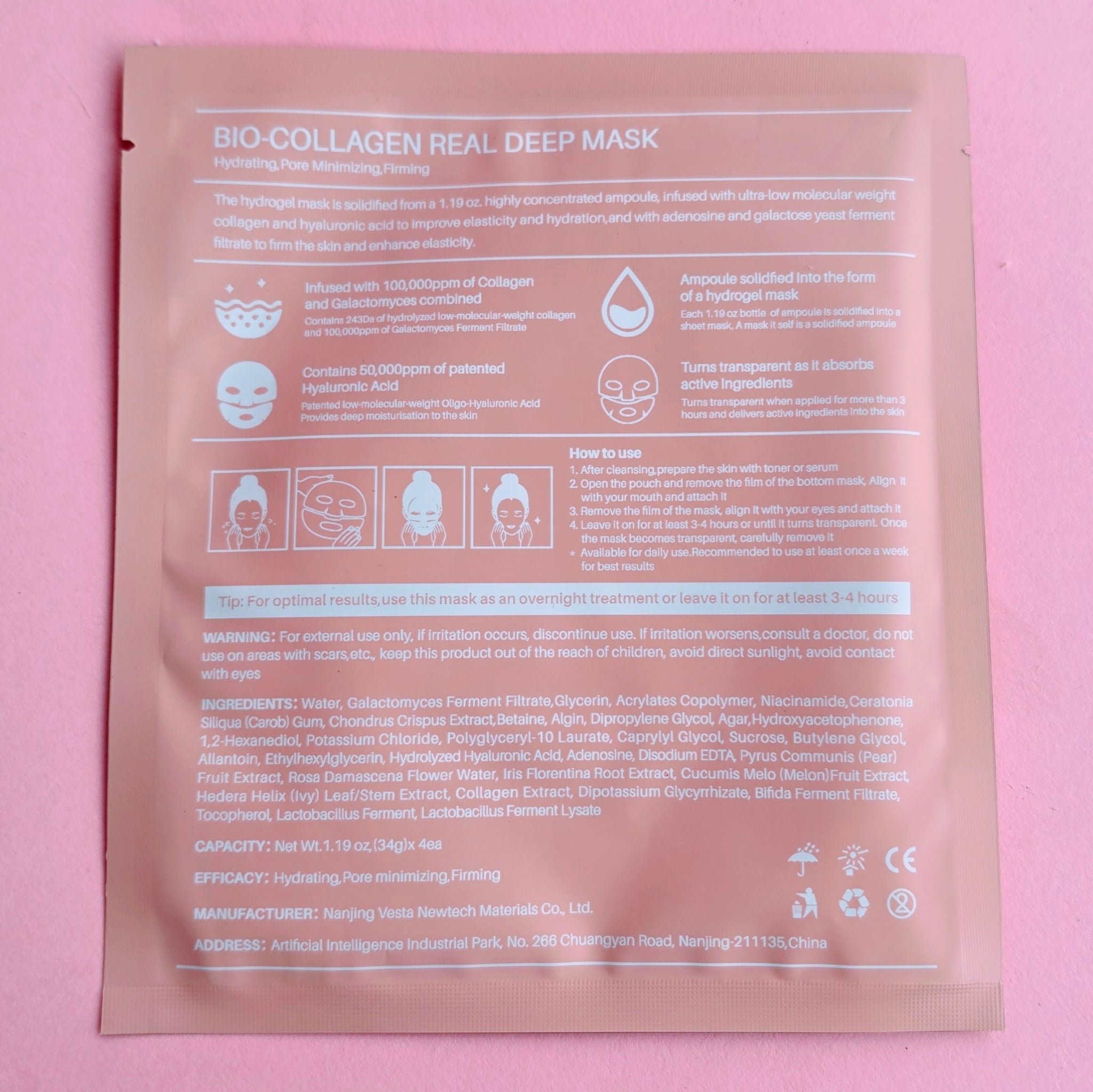 Pink bio-collagen deep sheet mask packaging designed for hydration, firming, and pore minimizing skincare.