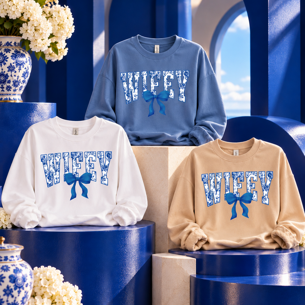 Three crewneck sweatshirts displayed on blue pedestals: one white, one beige, and one dusty blue, each featuring a large 'WIFFY' graphic and blue bow motif on the front.