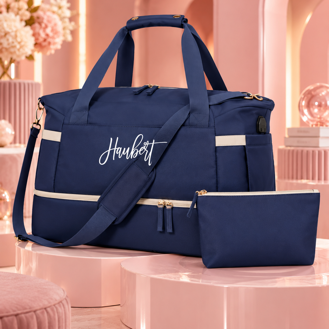 Personalized Weekender Travel Bag with Shoe Compartment, USB Charging Port &amp; Matching Makeup Bag