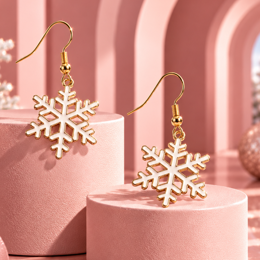 A pair of gold-tone dangle earrings shaped like snowflakes, displayed on pink cylindrical pedestals against a pink arched studio backdrop with decorative holiday elements.