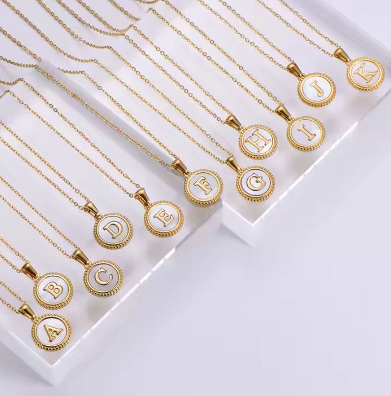 18K Gold + Mother of Pearl Disc Letter Necklace