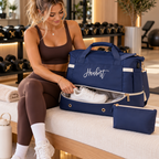 Personalized Weekender Travel Bag with Shoe Compartment, USB Charging Port &amp; Matching Makeup Bag