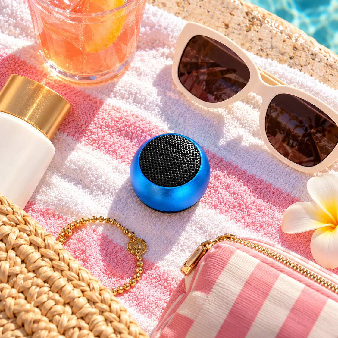 A small round blue portable speaker with a black mesh top sits on a pink and white striped towel by a poolside. Surrounding it are beige sunglasses, a pink-and-white striped pouch, a gold chain bracelet, a woven straw bag, a drink with an orange slice, and a white flower.