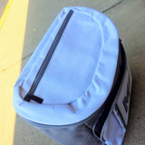 Gray and white monogrammed cooler backpack with glitter initials, featuring insulated compartments and mesh side pockets, perfect for brides and wives.