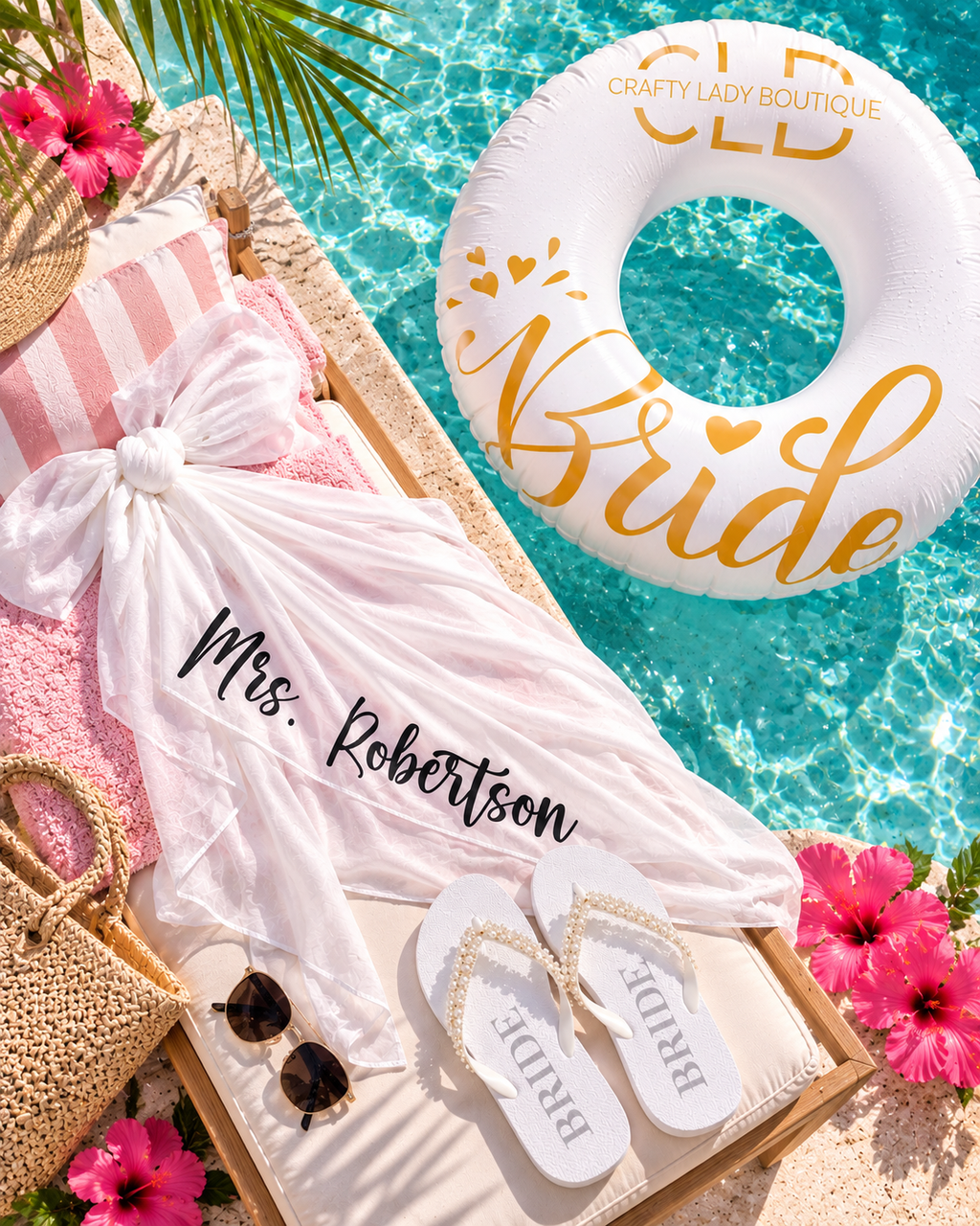Beach Bride Bundle – Personalized Bridal Sarong, Bride Pool Float & Pearl Flip Flops | Bachelorette & Honeymoon Gift Set
