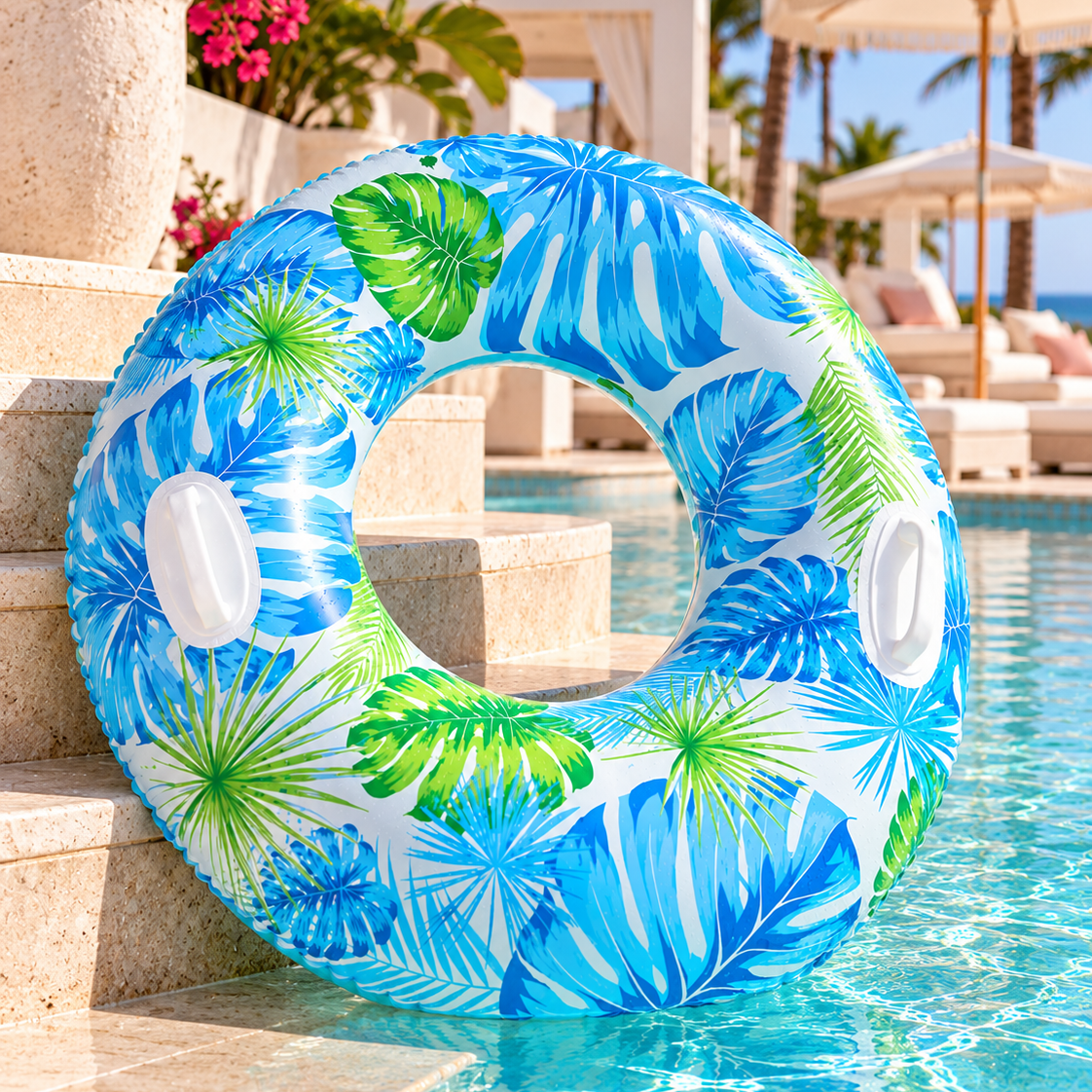 A large inflatable pool float with a tropical blue and green palm leaf pattern, resting on the edge of a swimming pool next to beige stone steps and resort lounge chairs.