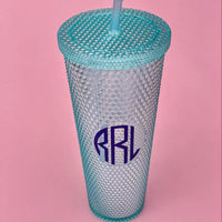 Aqua blue studded tumbler with matching lid and straw, featuring a custom dark monogram—perfect for brides, wives, or personalized gifting.