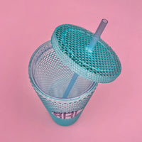 Aqua blue studded tumbler with matching lid and straw, featuring a custom dark monogram—perfect for brides, wives, or personalized gifting.