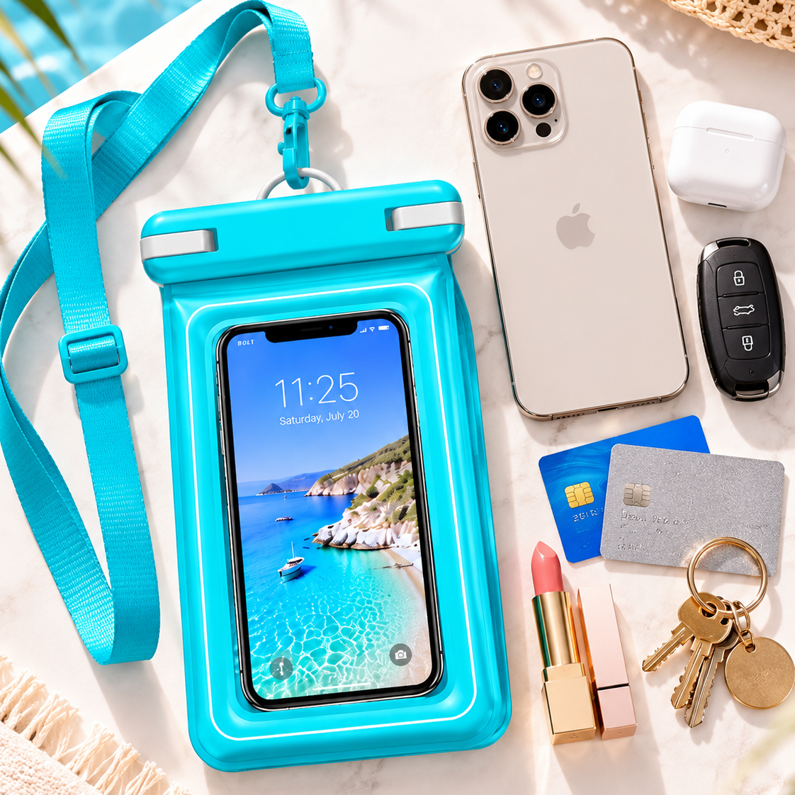 A bright turquoise waterproof phone pouch with a matching neck strap, shown on a light marble surface with a smartphone inside. Surrounding props include a white iPhone, AirPods, car keys, cards, lipstick, and a woven hat, suggesting a beach or travel lifestyle setup.