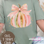 ✨ Celebrate fall in style with our hand-painted pink pumpkin bow tee 🎃🎀 Perfect for brides & wives who love cozy, artistic fashion!