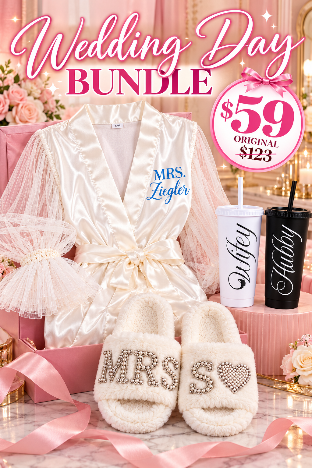 Wedding Day Bundle | Personalized Bridal Robe, Mrs. Slippers & His and Hers Tumblers