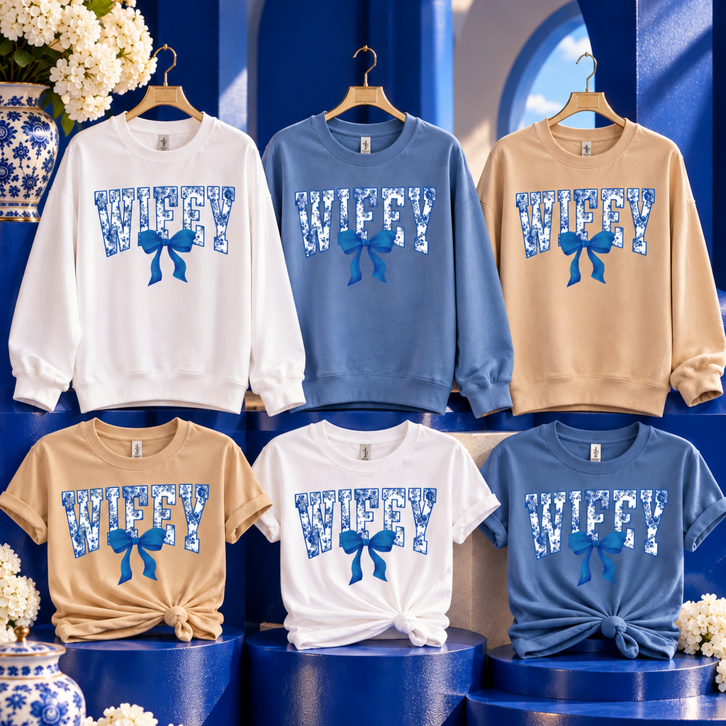 Six crewneck sweatshirts in white, light blue, and beige, each printed with the word 'MUFFY' in a blue patterned font and a blue bow graphic, displayed on hangers against a blue architectural backdrop.