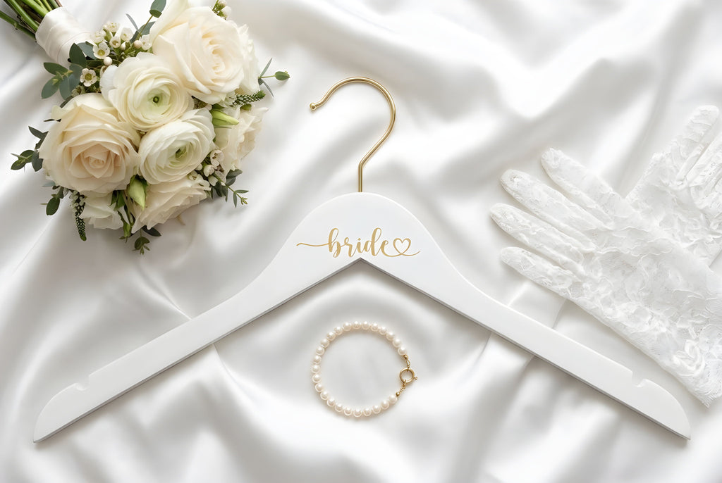 Bride Heart Gold Engraved Hanger, White Hanger with Gold Hook