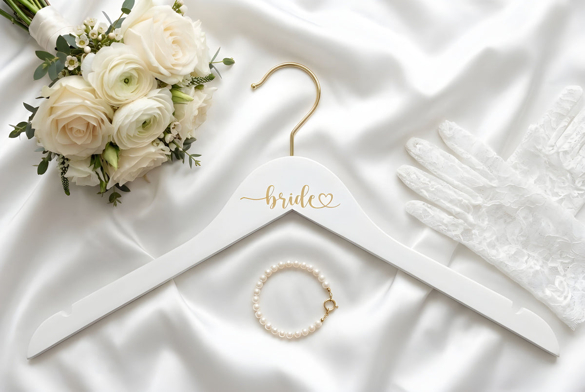 Bride Heart Gold Engraved Hanger, White Hanger with Gold Hook