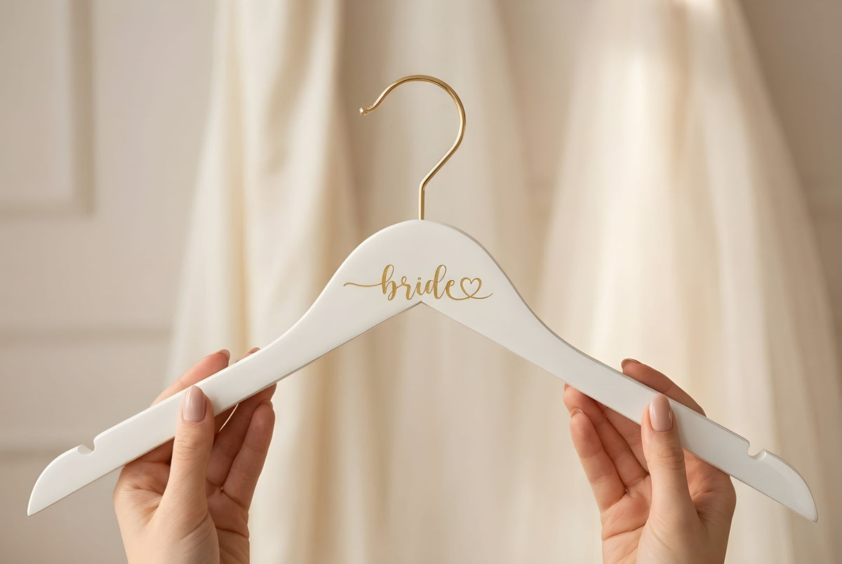 Bride Heart Gold Engraved Hanger, White Hanger with Gold Hook