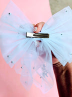 Embroidered Bride To Be hair bow with attached veil clip for bachelorette parties and bridal events.
