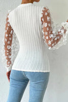 White Floral Applique Mesh Sleeves Textured Knit Blouse