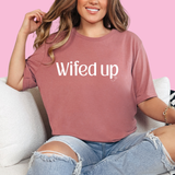 Wifed up mauve t-shirt for brides and newlyweds, a trendy bridal tee for honeymoon, lounging, and casual outfits
