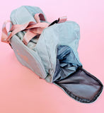 Personalized sage green bridal duffel bag with rose gold foil name, a must-have for wedding weekends and honeymoons