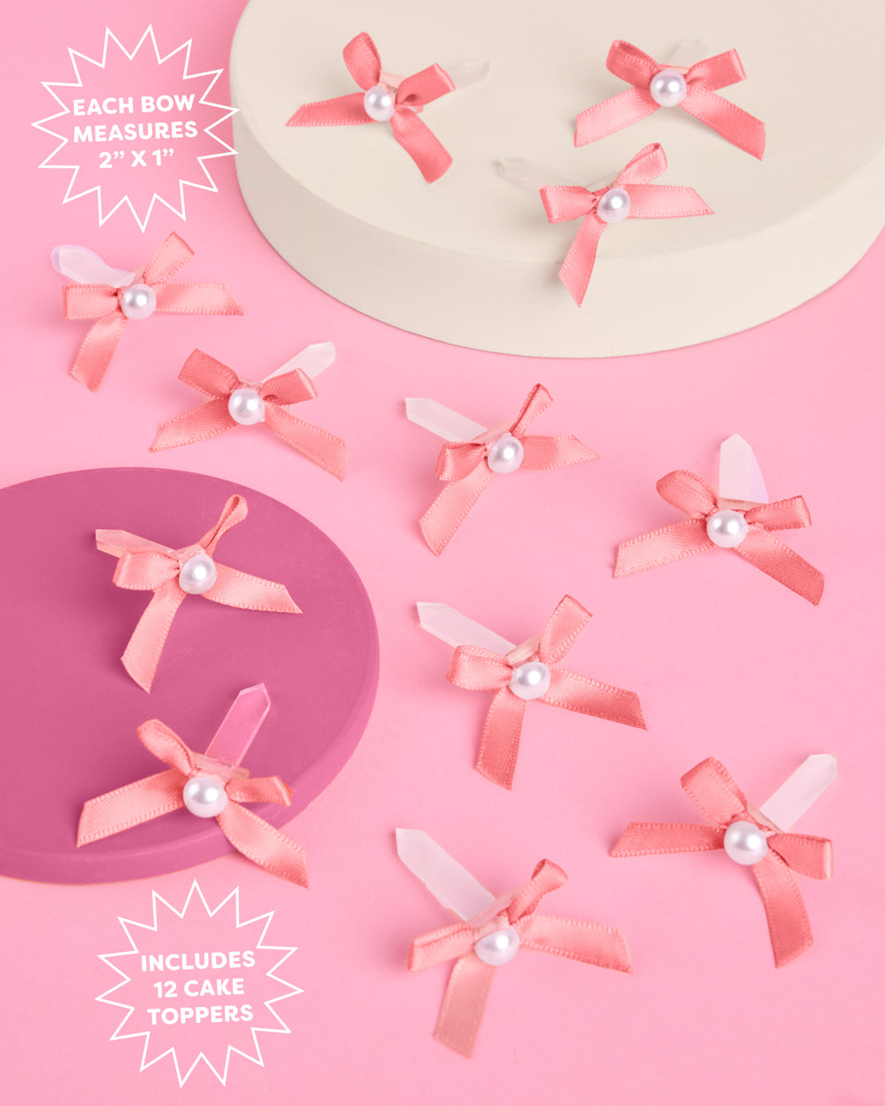 Pink Bow Cake Toppers - 12 pink + pearl cake toppers