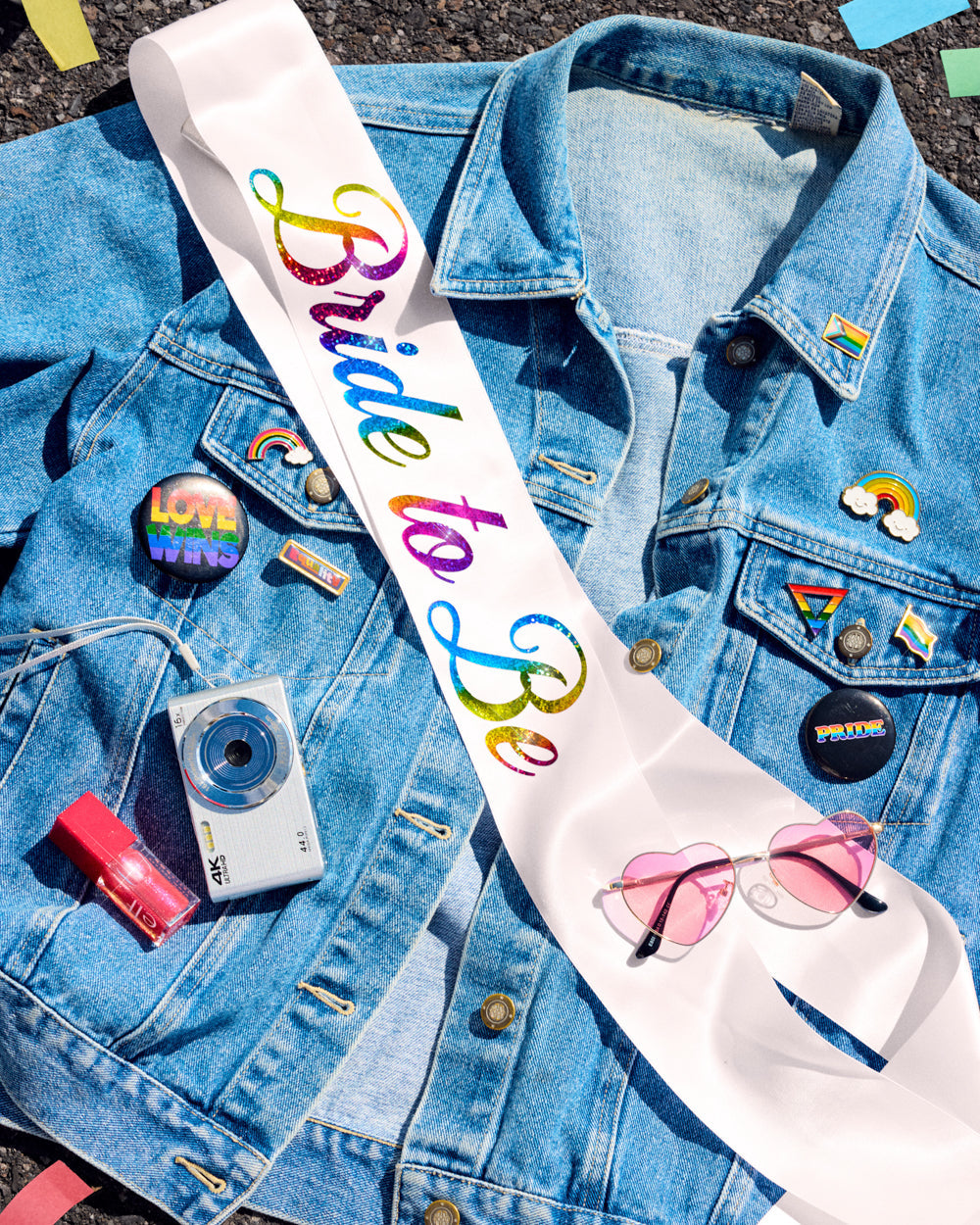 Bride Pride Sash - white silk + rainbow foil
