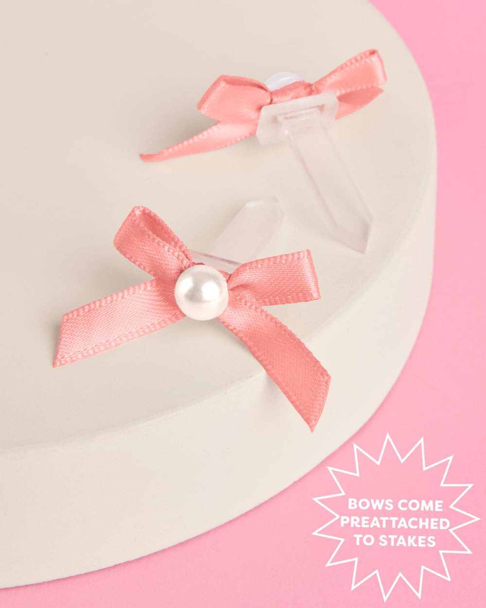 Pink Bow Cake Toppers - 12 pink + pearl cake toppers