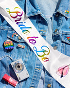 Bride Pride Sash - white silk + rainbow foil