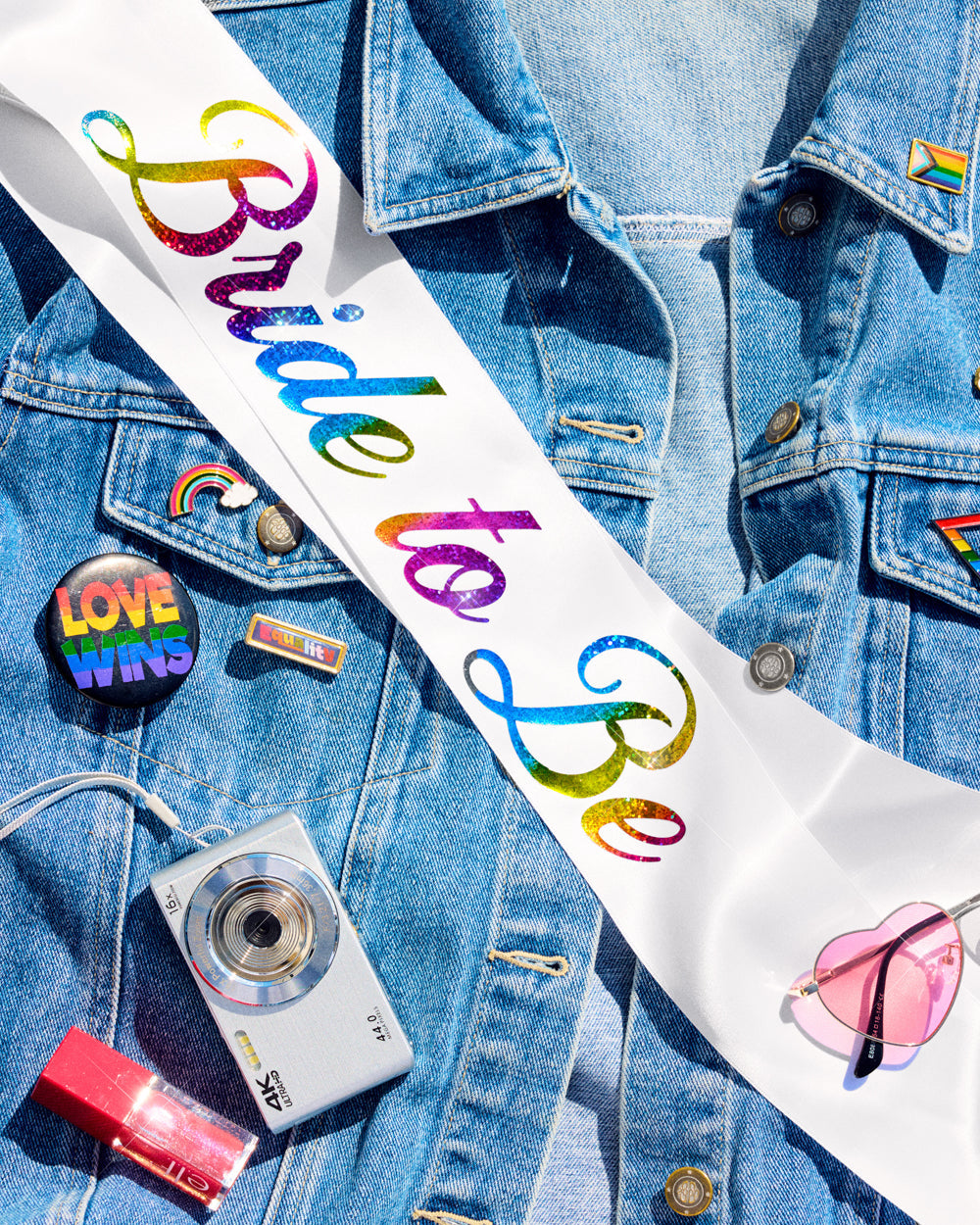 Bride Pride Sash - white silk + rainbow foil