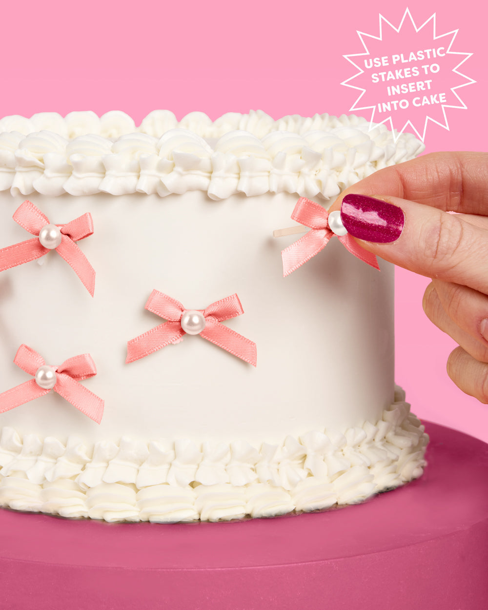 Pink Bow Cake Toppers - 12 pink + pearl cake toppers