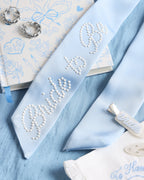 Bride To Be Pearl Bow - light blue satin + pearl logo