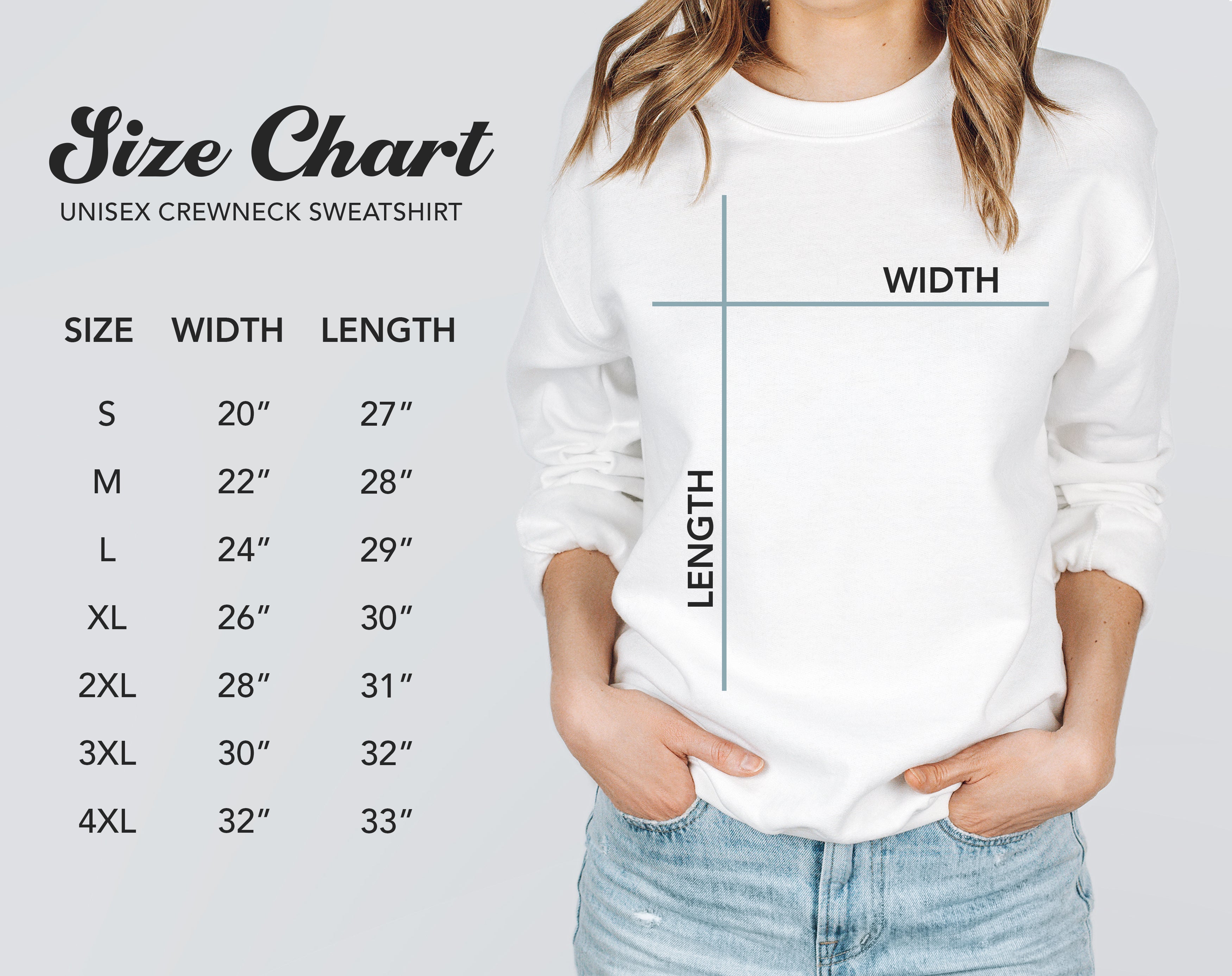 Crew neck size chart width and  lenght